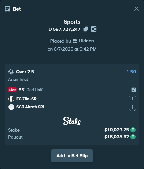 Bet slip: FC Zlin (SRL) - SCR Altach SRL, $10,023.75 stake at 1.50 odds, placed by Hidden