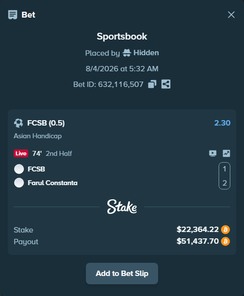 Bet slip: FCSB - FC Farul Constanta, $22,513.40 stake at 2.30 odds, placed by Hidden