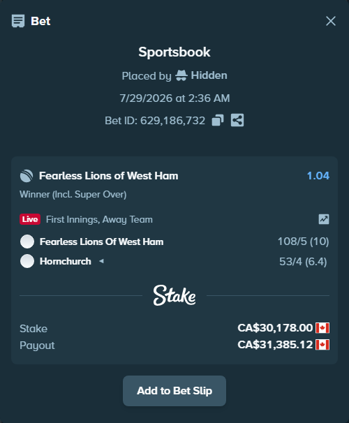 Bet slip: Fearless Lions of West Ham - Hornchurch, $22,331.72 stake at 1.04 odds, placed by Hidden