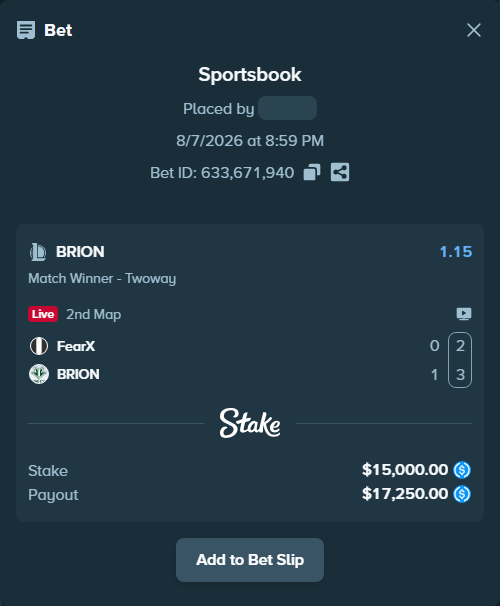 Bet slip: FearX - BRION, $15,000.00 stake at 1.15 odds, placed by Hasse5