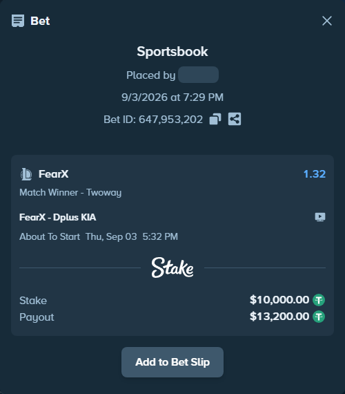 Bet slip: FearX - Dplus KIA, $10,000.00 stake at 1.32 odds, placed by Håvardlied2004