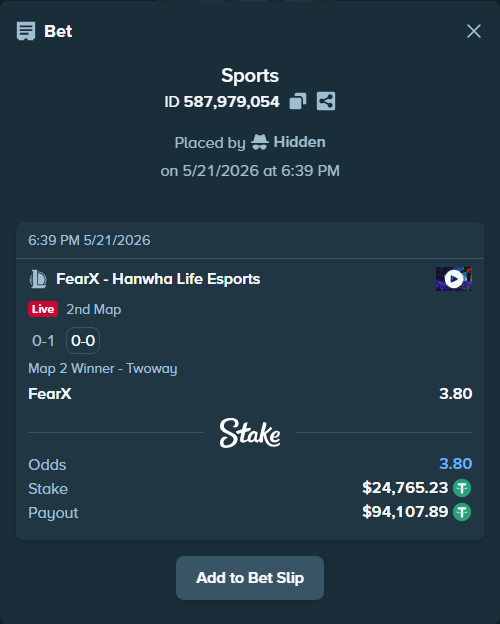 Bet slip: FearX - Hanwha Life Esports, $24,790.00 stake at 3.80 odds, placed by Hidden