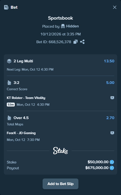 Bet slip: FearX - JD Gaming, $50,000.00 stake at 2.70 odds, placed by Hidden