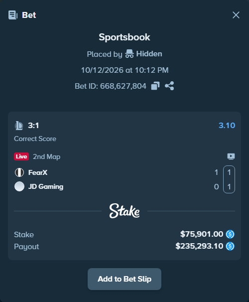 Bet slip: FearX - JD Gaming, $75,901.00 stake at 3.10 odds, placed by Hidden