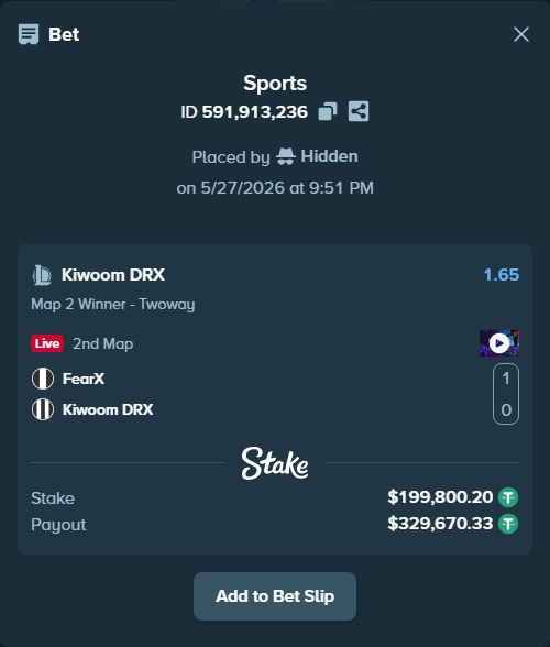 Bet slip: FearX - Kiwoom DRX, $200,000.00 stake at 1.65 odds, placed by Hidden