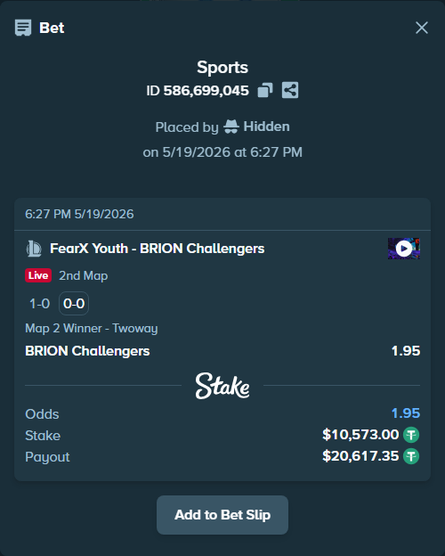 Bet slip: FearX Youth - BRION Challengers, $10,583.57 stake at 1.95 odds, placed by Hidden