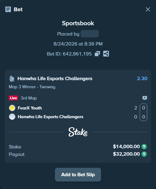 Bet slip: FearX Youth - Hanwha Life Esports Challengers, $14,000.00 stake at 2.30 odds, placed by fantasy7788