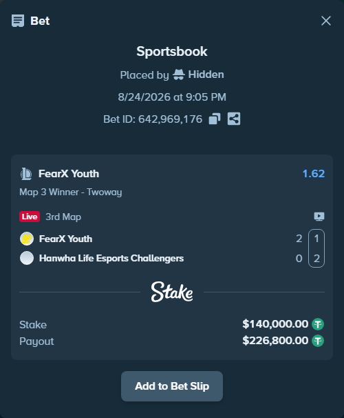 Bet slip: FearX Youth - Hanwha Life Esports Challengers, $140,000.00 stake at 1.62 odds, placed by Hidden