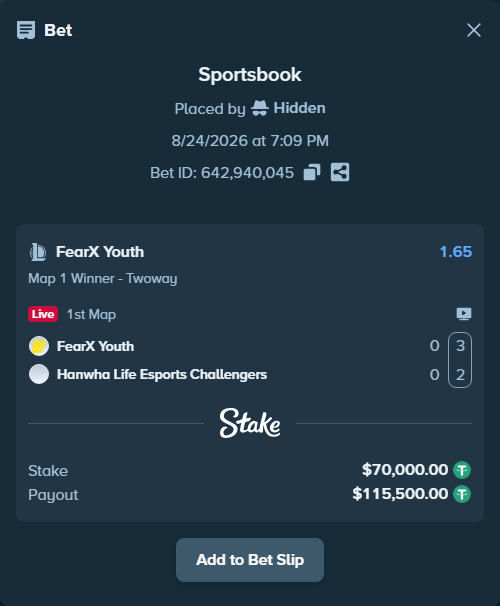 Bet slip: FearX Youth - Hanwha Life Esports Challengers, $70,000.00 stake at 1.65 odds, placed by Hidden