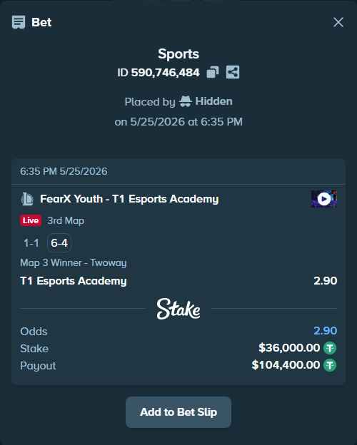 Bet slip: FearX Youth - T1 Esports Academy, $36,000.00 stake at 2.90 odds, placed by Hidden