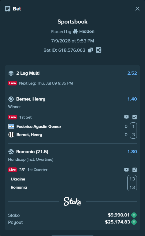 Bet slip: Federico Agustin Gomez - Bernet, Henry, $10,000.00 stake at 1.40 odds, placed by Hidden