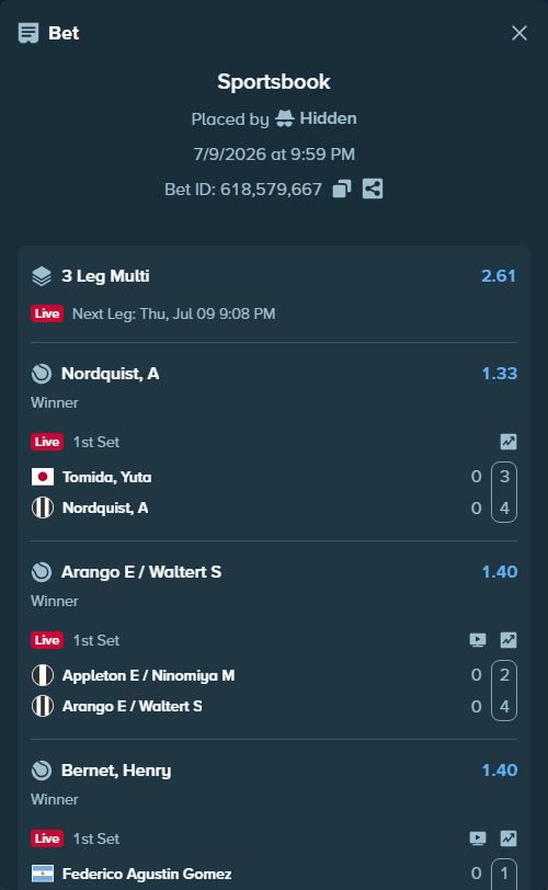 Bet slip: Federico Agustin Gomez - Bernet, Henry, $10,000.00 stake at 1.40 odds, placed by Hidden