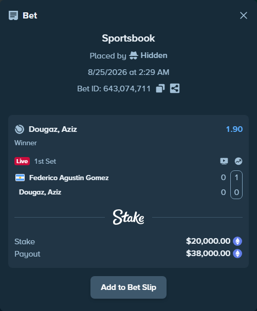Bet slip: Federico Agustin Gomez - Dougaz, Aziz, $19,928.43 stake at 1.90 odds, placed by Hidden