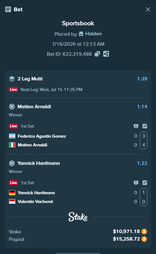 Bet slip: Federico Agustin Gomez - Matteo Arnaldi, $10,797.37 stake at 1.14 odds, placed by Hidden