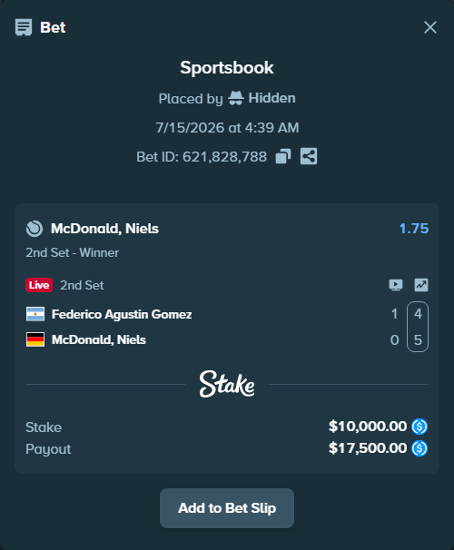 Bet slip: Federico Agustin Gomez - McDonald, Niels, $10,000.00 stake at 1.75 odds, placed by Hidden