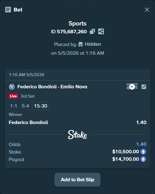 Bet slip: Federico Bondioli - Emilio Nava, $7,774.42 stake at 1.40 odds, placed by Hidden