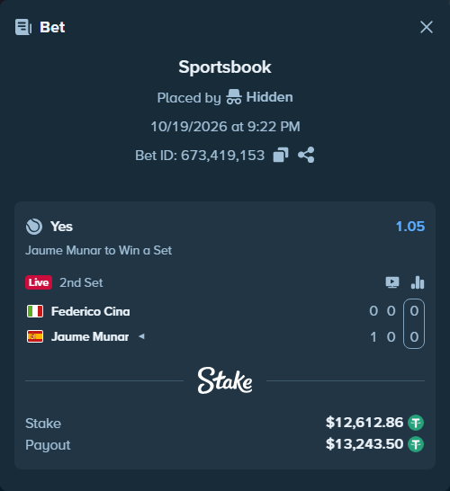Bet slip: Federico Cina - Jaume Munar, $12,625.47 stake at 1.05 odds, placed by Hidden