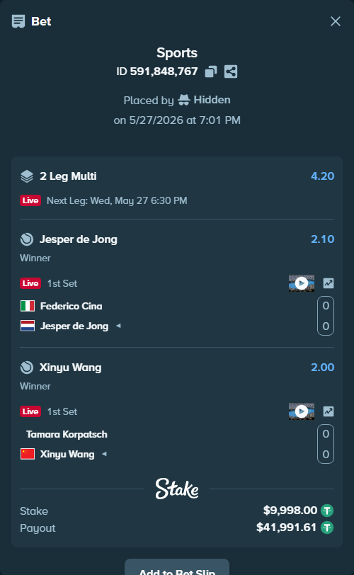 Bet slip: Federico Cina - Jesper de Jong, $10,008.00 stake at 2.10 odds, placed by Hidden
