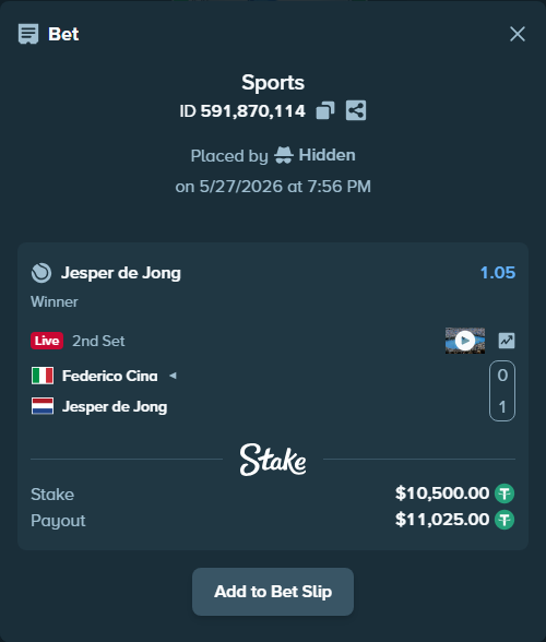 Bet slip: Federico Cina - Jesper de Jong, $10,510.50 stake at 1.05 odds, placed by Hidden