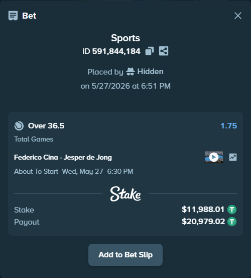 Bet slip: Federico Cina - Jesper de Jong, $12,000.00 stake at 1.75 odds, placed by Hidden