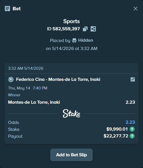 Bet slip: Federico Cina - Montes-de la Torre, Inaki, $10,000.00 stake at 2.23 odds, placed by Hidden