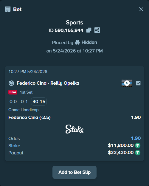 Bet slip: Federico Cina - Reilly Opelka, $11,800.00 stake at 1.90 odds, placed by Hidden