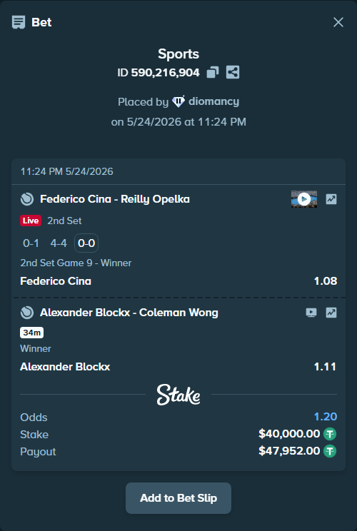 Bet slip: Federico Cina - Reilly Opelka, $40,000.00 stake at 1.08 odds, placed by diomancy