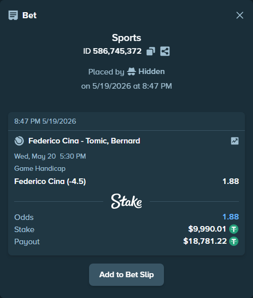 Bet slip: Federico Cina - Tomic, Bernard, $10,000.00 stake at 1.88 odds, placed by Hidden