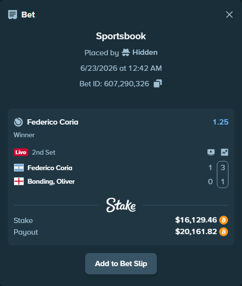 Bet slip: Federico Coria - Bonding, Oliver, $14,783.30 stake at 1.25 odds, placed by Hidden
