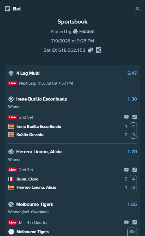 Bet slip: Federico Coria - Den Ouden, Guy, $12,766.00 stake at 1.50 odds, placed by Hidden