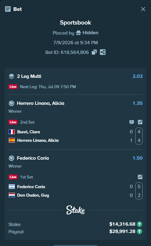 Bet slip: Federico Coria - Den Ouden, Guy, $14,331.00 stake at 1.50 odds, placed by Hidden