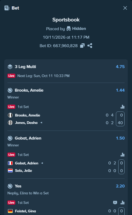 Bet slip: Feistel, Gina - Nepliy, Elina, $20,000.00 stake at 2.20 odds, placed by Hidden