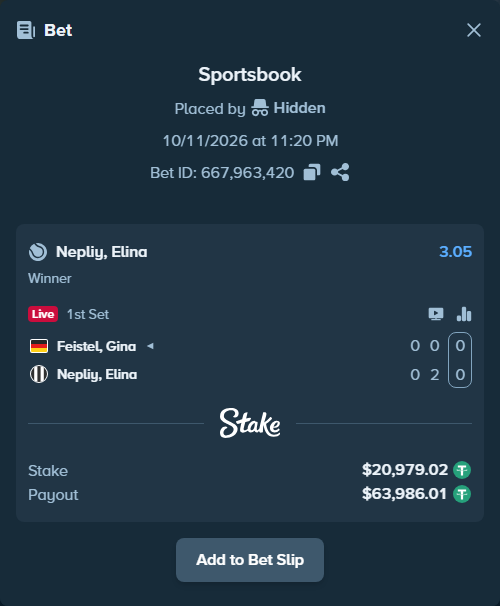 Bet slip: Feistel, Gina - Nepliy, Elina, $21,000.00 stake at 3.05 odds, placed by Hidden