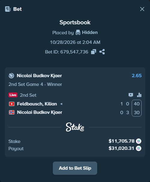 Bet slip: Feldbausch, Kilian - Nicolai Budkov Kjaer, $11,703.63 stake at 2.65 odds, placed by Prettylfacko98