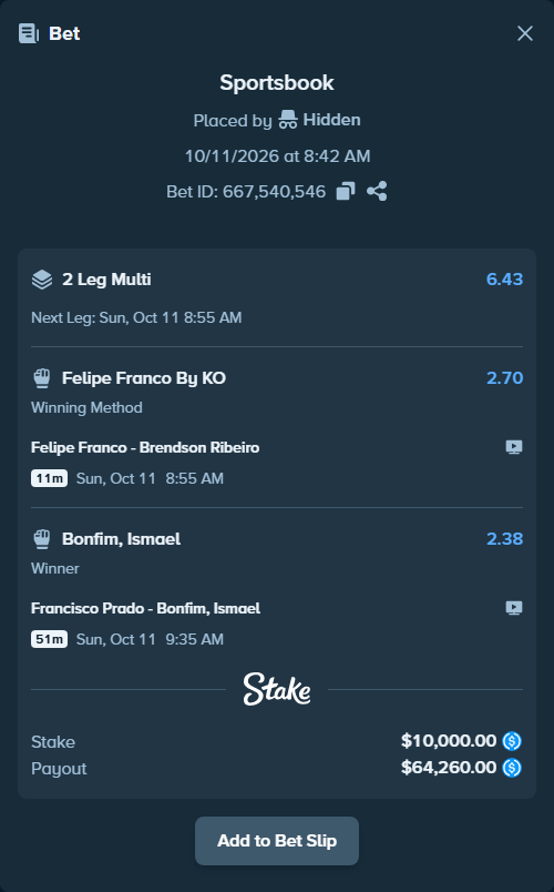 Bet slip: Felipe Franco - Brendson Ribeiro, $10,000.00 stake at 2.70 odds, placed by Hidden