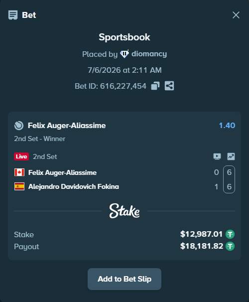 Bet slip: Felix Auger-Aliassime - Alejandro Davidovich Fokina, $13,000.00 stake at 1.40 odds, placed by diomancy