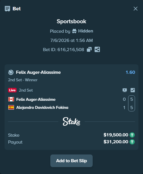 Bet slip: Felix Auger-Aliassime - Alejandro Davidovich Fokina, $19,519.50 stake at 1.60 odds, placed by Hidden