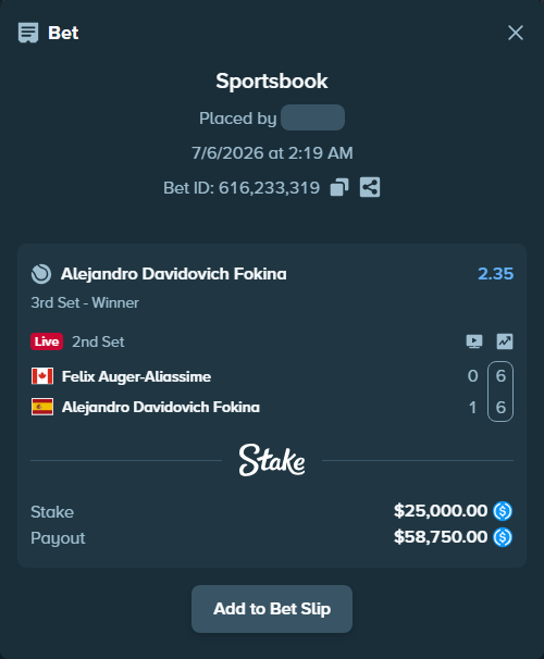 Bet slip: Felix Auger-Aliassime - Alejandro Davidovich Fokina, $25,000.00 stake at 2.35 odds, placed by OlegStake27