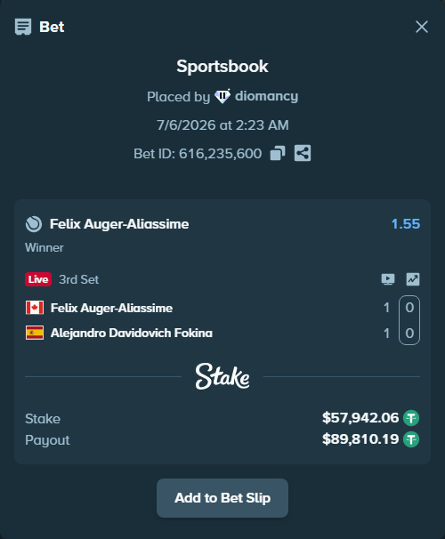 Bet slip: Felix Auger-Aliassime - Alejandro Davidovich Fokina, $58,000.00 stake at 1.55 odds, placed by diomancy