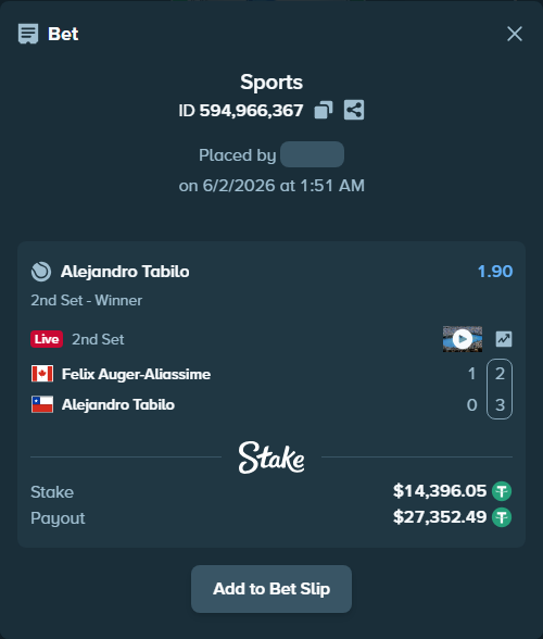 Bet slip: Felix Auger-Aliassime - Alejandro Tabilo, $14,410.44 stake at 1.90 odds, placed by stw888