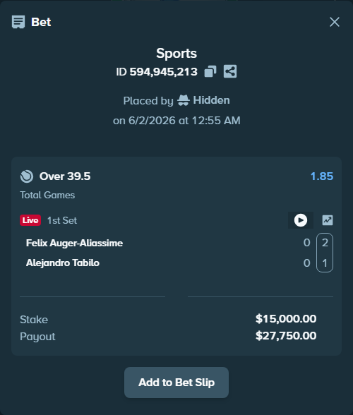 Bet slip: Felix Auger-Aliassime - Alejandro Tabilo, $15,000.00 stake at 1.85 odds, placed by Hidden