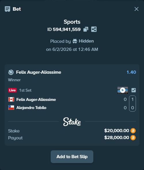 Bet slip: Felix Auger-Aliassime - Alejandro Tabilo, $18,038.13 stake at 1.40 odds, placed by Hidden