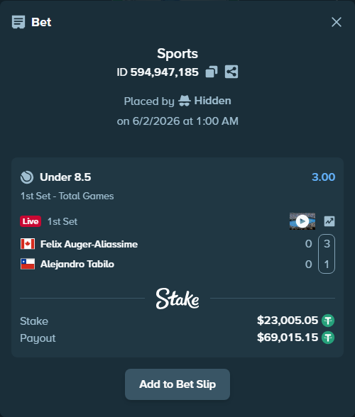 Bet slip: Felix Auger-Aliassime - Alejandro Tabilo, $23,028.05 stake at 3.00 odds, placed by Hidden