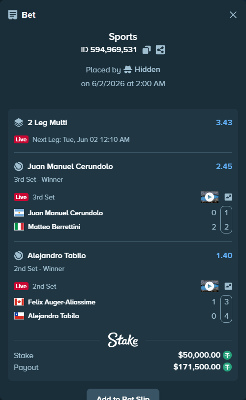 Bet slip: Felix Auger-Aliassime - Alejandro Tabilo, $50,050.00 stake at 1.40 odds, placed by Hidden