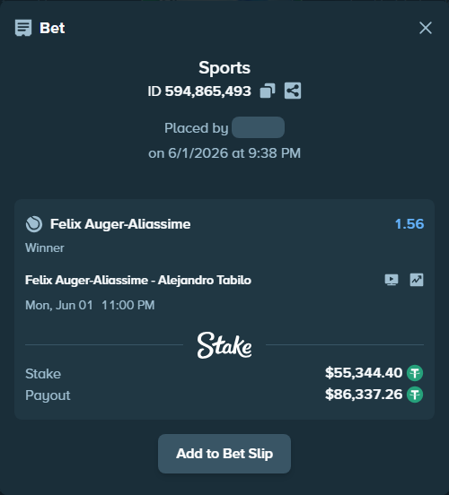 Bet slip: Felix Auger-Aliassime - Alejandro Tabilo, $55,399.74 stake at 1.56 odds, placed by hingis79