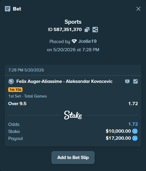 Bet slip: Felix Auger-Aliassime - Aleksandar Kovacevic, $10,000.00 stake at 1.72 odds, placed by Jcalle19