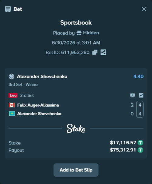 Bet slip: Felix Auger-Aliassime - Alexander Shevchenko, $17,133.69 stake at 4.40 odds, placed by Hidden