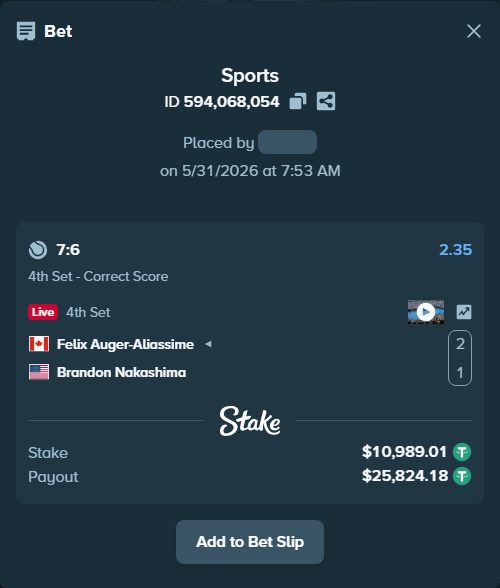 Bet slip: Felix Auger-Aliassime - Brandon Nakashima, $11,000.00 stake at 2.35 odds, placed by Regenergy