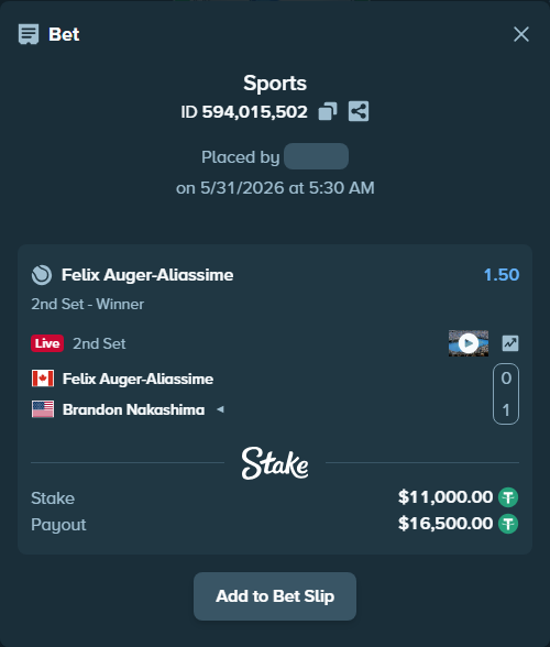 Bet slip: Felix Auger-Aliassime - Brandon Nakashima, $11,011.00 stake at 1.50 odds, placed by Elantari36