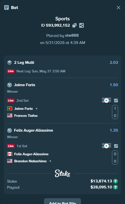 Bet slip: Felix Auger-Aliassime - Brandon Nakashima, $13,888.00 stake at 1.35 odds, placed by stw888